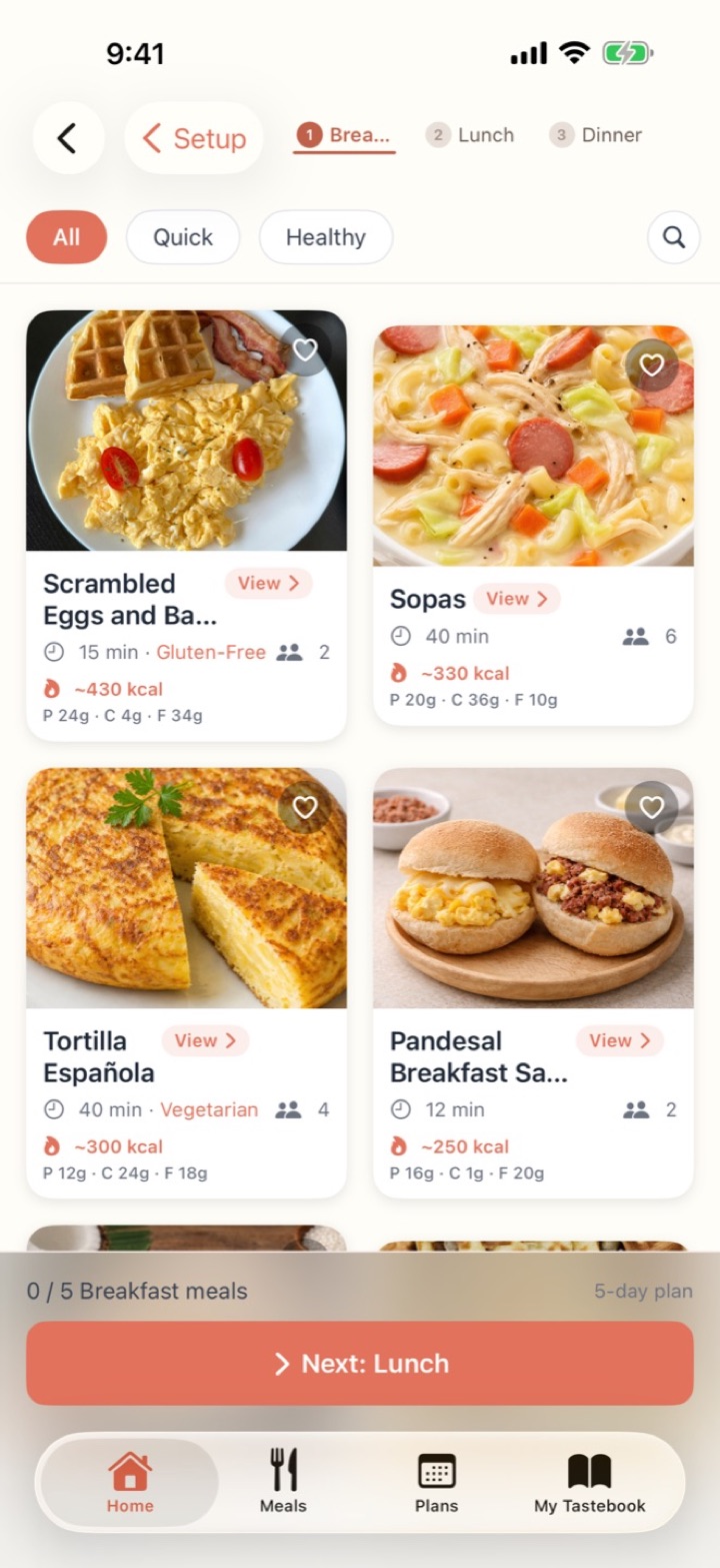 Browse Meals grid of breakfast recipes with photos, cook times and calories