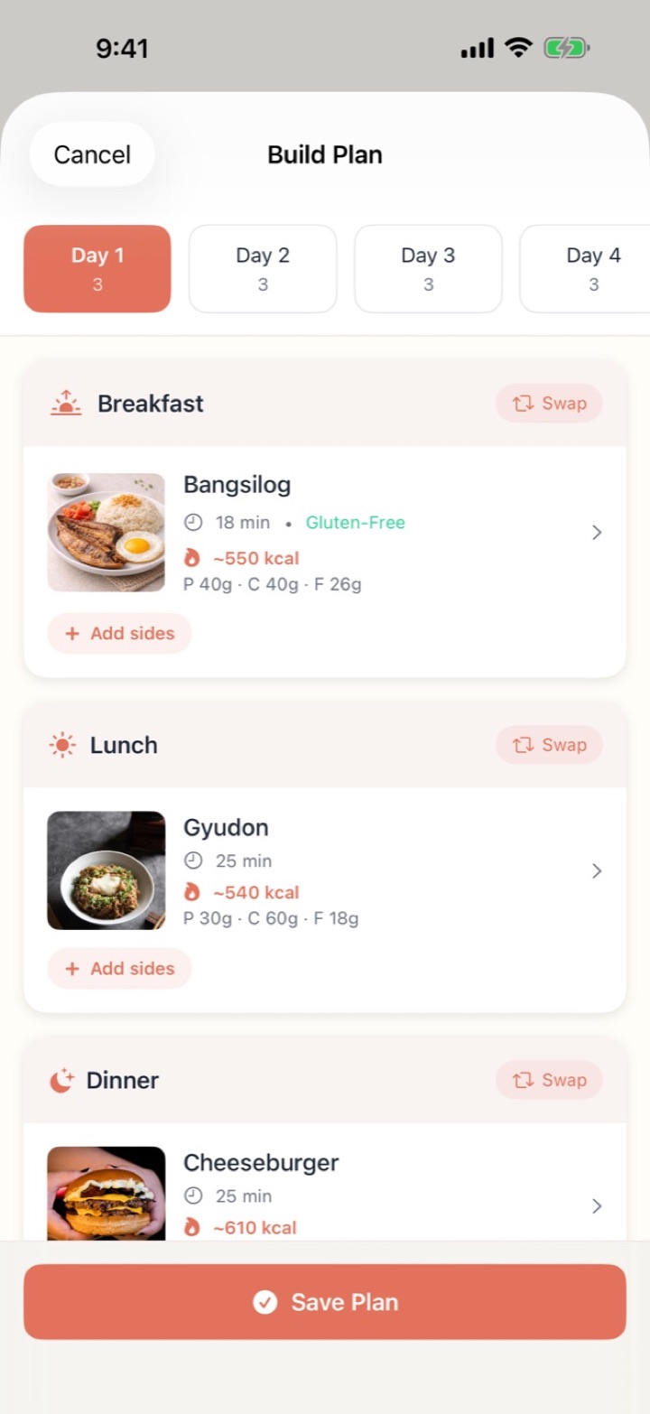 Build Plan screen with breakfast, lunch and dinner cards, each with a Swap button