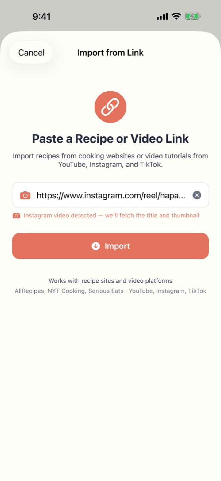 Import from Link screen with an Instagram link detected