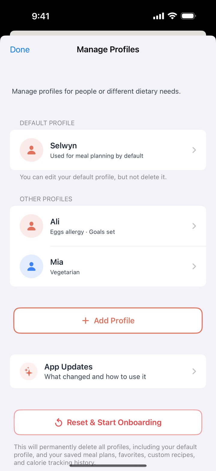 Manage Profiles with a default profile and two more: Ali, with an eggs allergy, and Mia, vegetarian