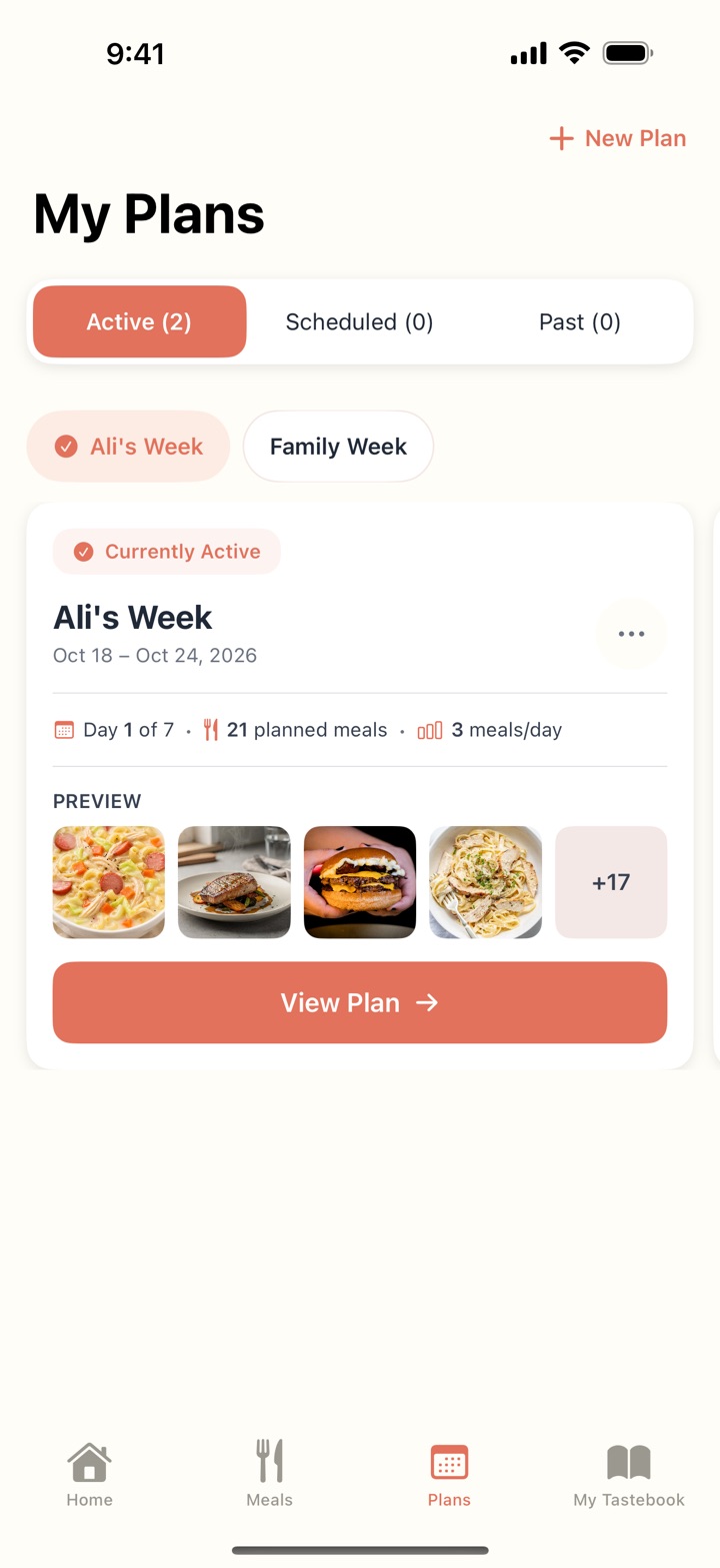My Plans with Active, Scheduled and Past tabs and two active plans: Ali's Week and Family Week