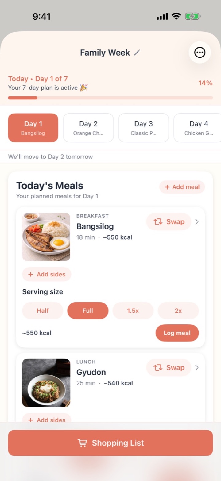 Active plan showing today's meals with Swap, Add sides and serving size