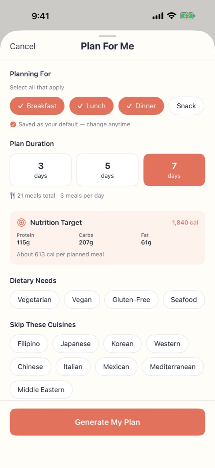 Plan For Me screen with meal times, a 7-day duration, a nutrition target and dietary filters